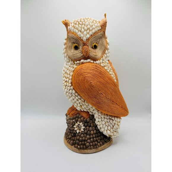 Vintage Owl Figurine Handmade Seashell & Twine Folk Art Coastal Decor 12" - Picture 1 of 6